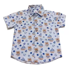 Camisa Social Azul Barco Urso Manga Curta Infantil Menino