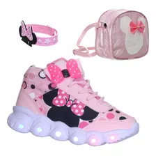 Kit Infantil Menina Laço Tenis Luzinha Led Bolsa E Pulseira