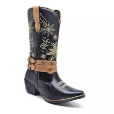 Bota Texana Feminina Bico Fino Cano Longo Bordado Country 