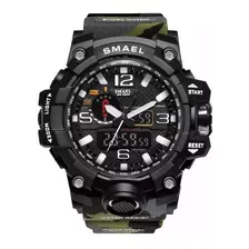 Reloj Pulsera Smael 1545 De Cuerpo Color Negro, Analógica-digital, Para Hombre, Fondo Negro, Con Correa De Poliuretano Color Camuflado Verde, Agujas Color Blanco Y Negro, Dial Blanco, Subesferas Color