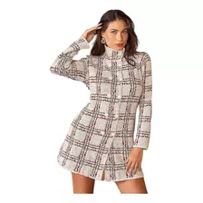 Casaco Sobretudo Vestido De Mousse Botões Xadrez Feminino