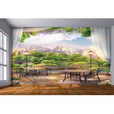 Papel De Parede Paisagem Sacada Flores Lago 4k M² Dah26