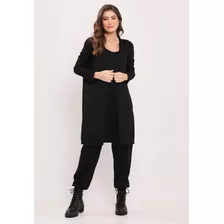 Conjunto De Tricot De Casaco Midi E Macacão Sem Manga -preto