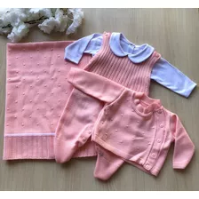 Saída Maternidade Menina Rosa Bebê Tricot 4 Peças Completa