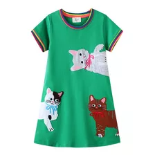 Vestido De Niña Gatos Verde Algodon