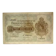 Malvinas O Falkland Antiguo Billete De 10 Chelines Muy Bien.