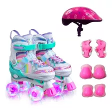 Patins Infantil Tam./ajustável + Kit Proteção Rodinhas Led