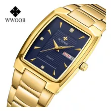 Relógio De Pulso Masculino Wwoor 8837 Luxo E Sofisticação Cor Da Correia Dourado Cor Do Bisel Dourado Cor Do Fundo Azul