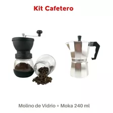 Kit Cafetero Molino Manual De Vidrio + Cafetera Moka 240ml
