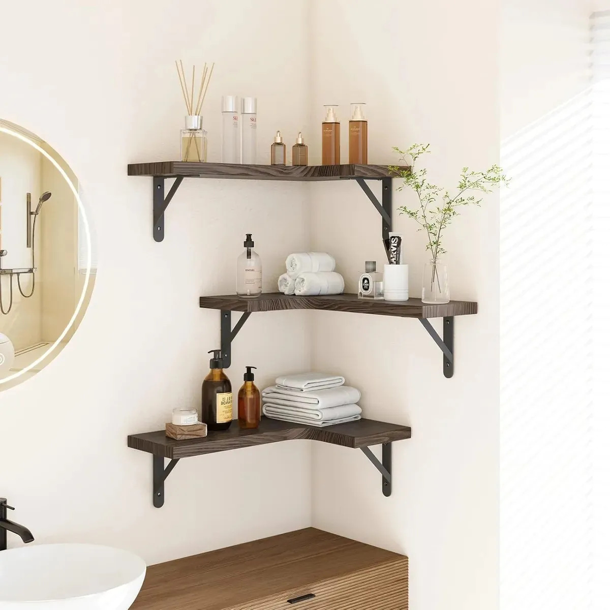 Repisas Esquineras Flotantes De Madera X3 Modernas Colores – variante Café oscuro