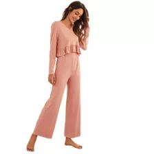 Conjunto De Pijama Pantalon Y Polera Manga Larga Rosa