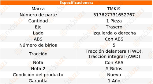 1- Maza Trasera Izq/der Con Abs Koleos L4 2.5l 09/16 Tmk Foto 2