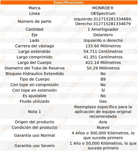 (1) Amortiguador Del Oespectrum Gas Der O Izq Qx60 14/20 Foto 2