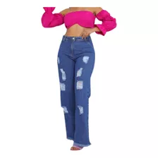 Calça Wide Leg Jeans Pantalona Destroyed Premium Feminina 