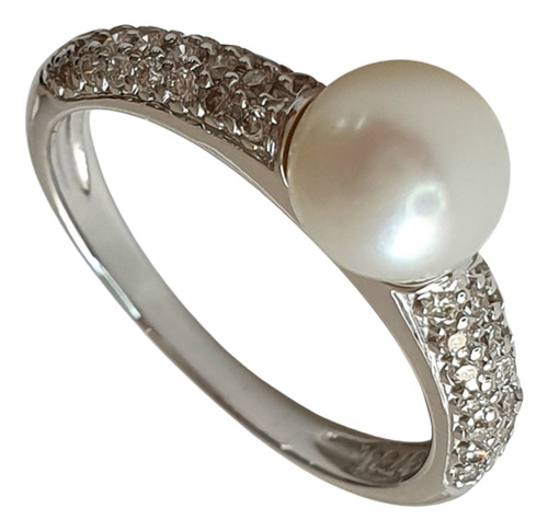 Anel Pérola Com Diamantes Em Ouro 18k 750 Branco 14
