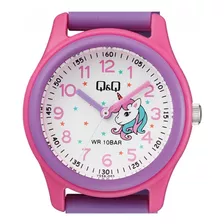 Reloj Q&q Niña Unicornio Números Y Manecillas Morado Color Del Bisel Rosa Color Del Fondo Blanco