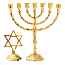 Candelabro Menorah 7 Velas Tradicional Dourado+ Estrela Davi