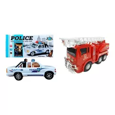 Kit 2 Carrinhos Bombeiro Carrinho De Polícia Sirene Giroflex