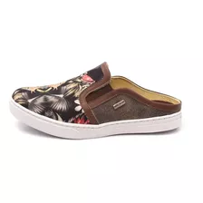 Sapatênis Slip On Mule Em Couro Com Tecido Floral 