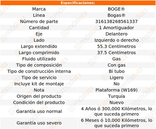 1- Amortiguador Gas Delantero Izq/der A190 05 Boge Bogas Foto 2