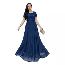 Vestido Madrinha Casamento Azul Marinho Evangélico Discreto