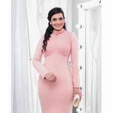 Vestido Tubinho Bordado Com Pedrarias Evangelico Comportado