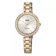 Reloj Q&q By Citizen Qz63j011y Para Mujer Strass Acero 30mts Color De La Malla Oro Rosado Color Del Bisel Dorado Color Del Fondo Blanco