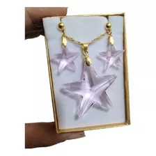 Conjunto Estrela Cristal Swarovski Rosaline Folh. Ouro 4 Cm