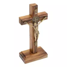 Crucifixo De Mesa E Parede Medalha De São Bento Dourado 12cm