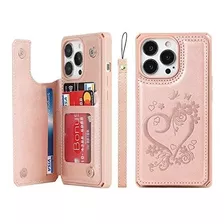 Funda Para iPhone 13 Pro Billetera Cuero Corazon Oro Rosa