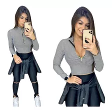 Cropped Blusa Manga Longa Com Zíper E Gola Alta Inverno 