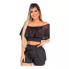 Conjunto Hellen Renda Cropped Ciganinha E Short Curto Laço