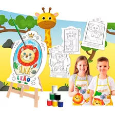 Kit Pintura Infantil Com Cavalete Tema Zoológico E Animais 