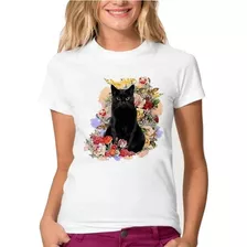 Polera Gato Cat Negro Con Flores Moda Mujer Calidad