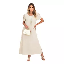 Vestido Social Em Linho Comprimento Midi Com Manga Curta