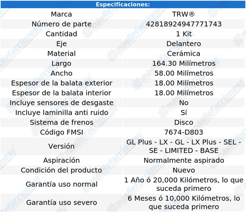 Balatas Delanteras Ford Windstar 1999-2000-2001-2002 Trw Foto 3