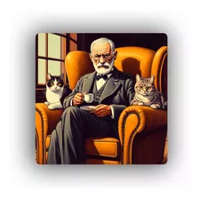 Mousepad Freud Con 2 Gatos Tomando Cafe Psicologo