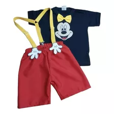 Conjunto Roupa Mickey Menino Camisa + Shorts + Suspensório