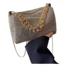 Bolso Mano Dorado Con Cristales Brilla Cadena Gruesa Mujer