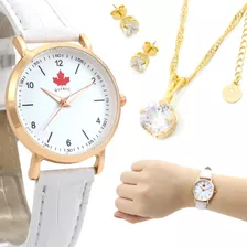 Relógio Feminino Original Quebec Casual Luxo Colar E Brinco
