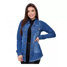 Max Jaqueta Jeans Feminina Barra Desfiada Blusa Casaco