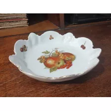 Antiguo Centro D Mesa Frutera De Porcelana Con Virola De Oro