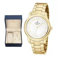 Relógio Feminino Dourado Champion + Kit Colar E Brincos Cor Do Fundo Prateado