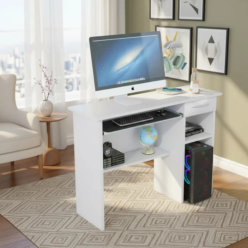 Mesa P/computador C/espaço P/teclado Branco C/prateleira Branco