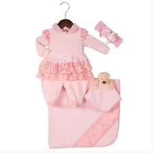 Saida Maternidade De Plush Para Bebê Carol Rosa 05 Peças