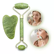 Massageador Pro Facial Pedra Jade Roller + Guasha Cor Verde-musgo