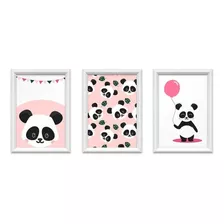 Kit 3 Quadros Decorativos Meu Rodapé 24x34 Panda Rosa