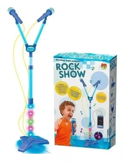 Microfone Infantil Rock Show Duplo Azul-pedestal Mp3 Dm Toys