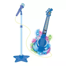 Guitarra Infantil C Microfone Pedestal Toca Mp3 Luz Som Azul