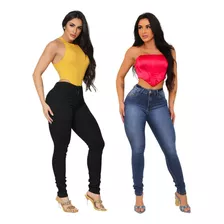  Kit 2 Calça Feminina Jeans Cintura Alta Empina Bum Bum 